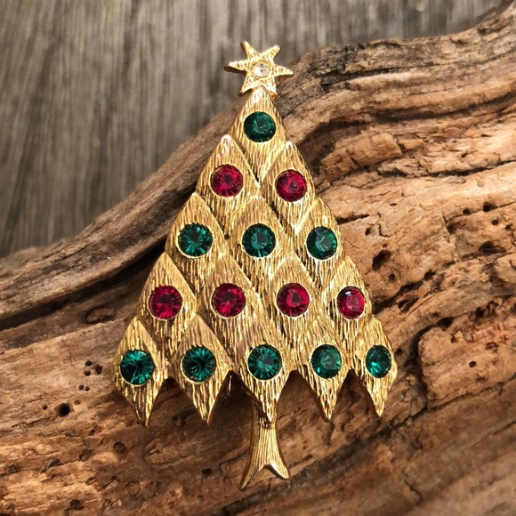 Vtg. LIA Red Green Rhinestone Christmas Tree Pin - Picture 11 of 12